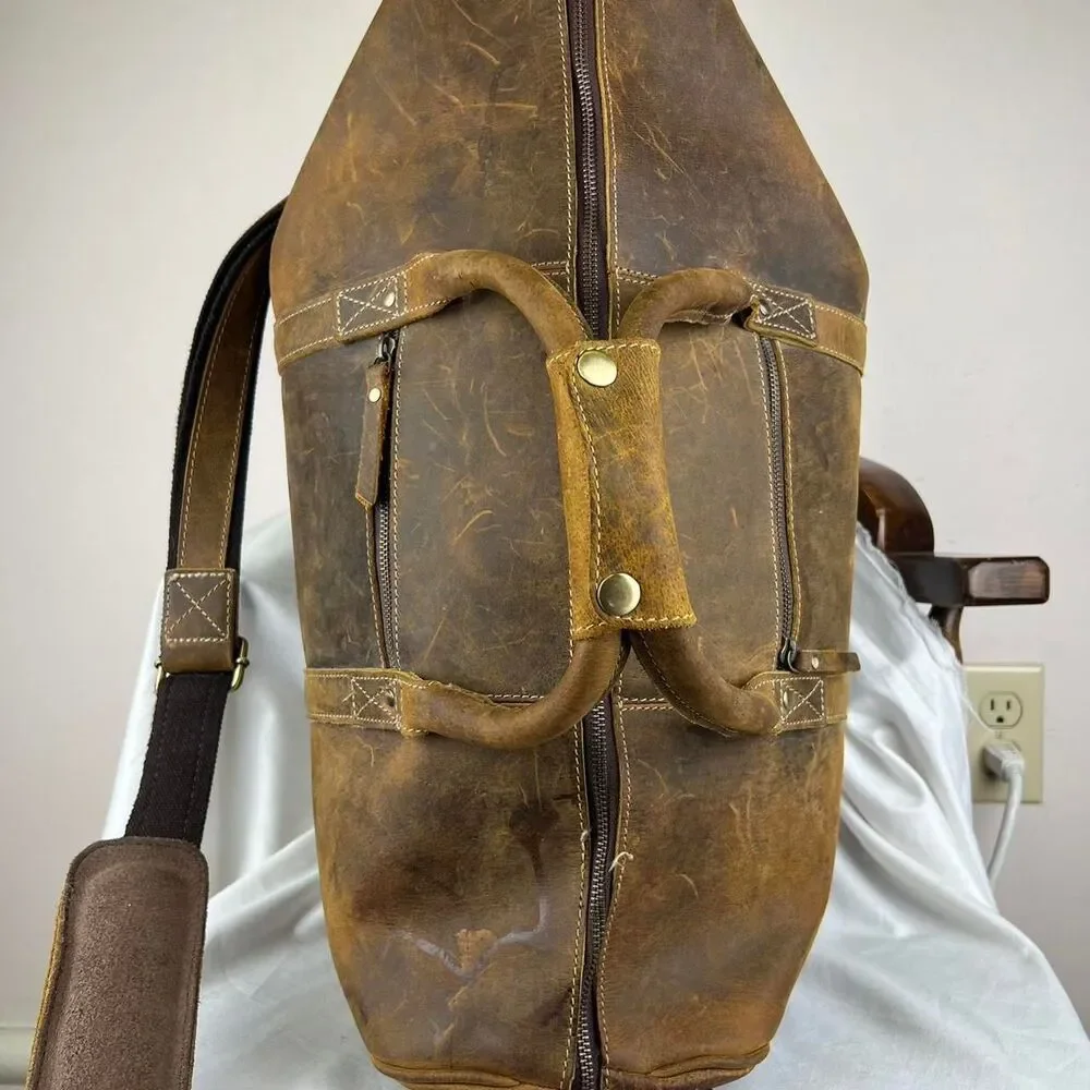 Komalc Leather Travel Bag Weekend Bag Duffle Bag Brown With Shoulder Strap